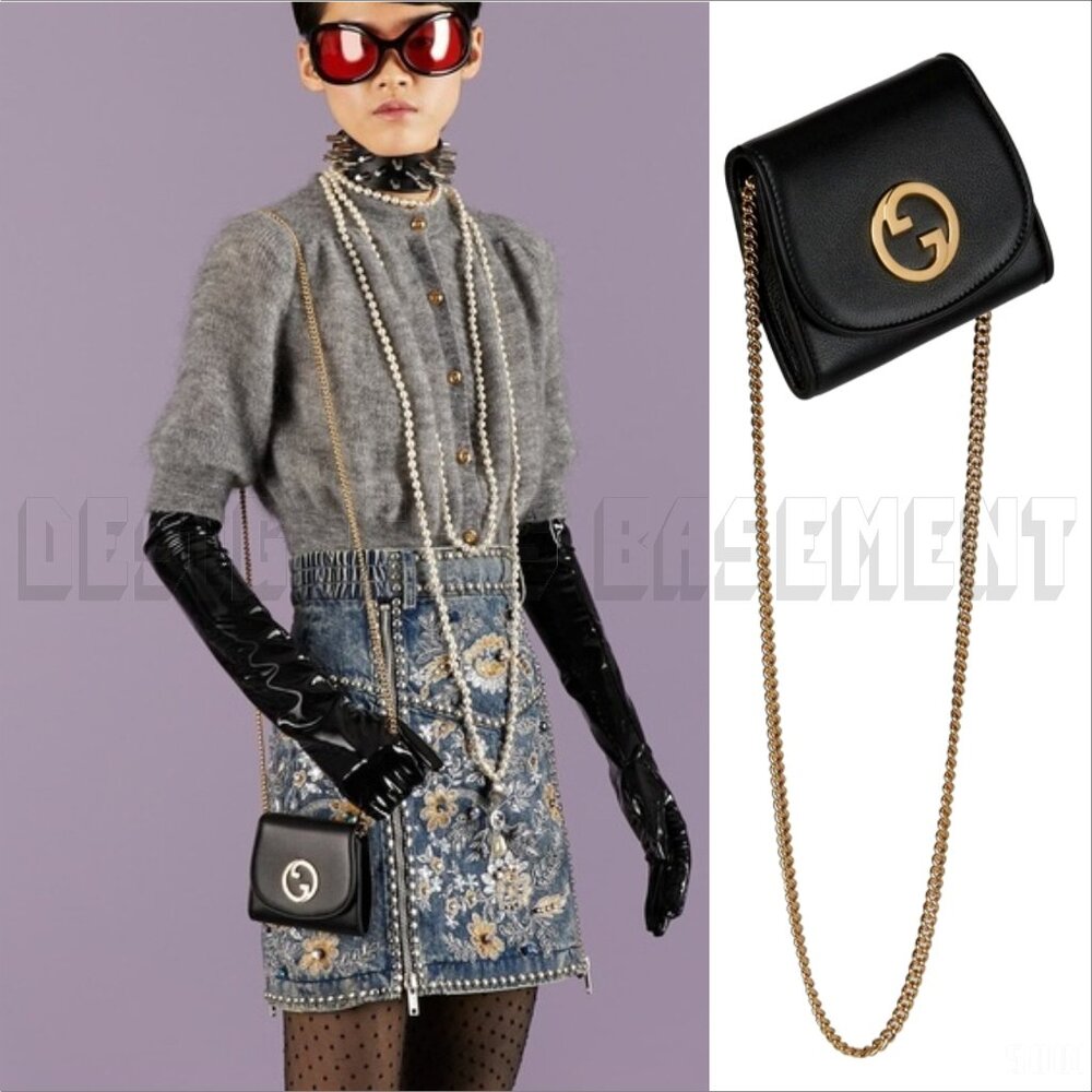 GUCCI black Leather BLONDIE Interlocking G Medium Wallet on chain Crossbody Bag